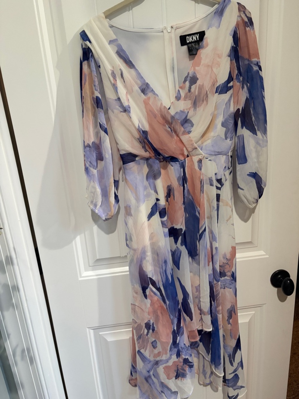 DKNY Blush, Lavender & Navy Watercolor Wrap Midi Dress